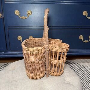 Vintage Wicker Rattan Wine Bottle Caddy 3 Compartment Branch Handle Boho Basket